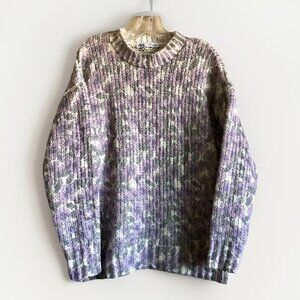 Zara Floral Jacquard Wool Blend Purple Flower Print Chunky Knit Sweater Small